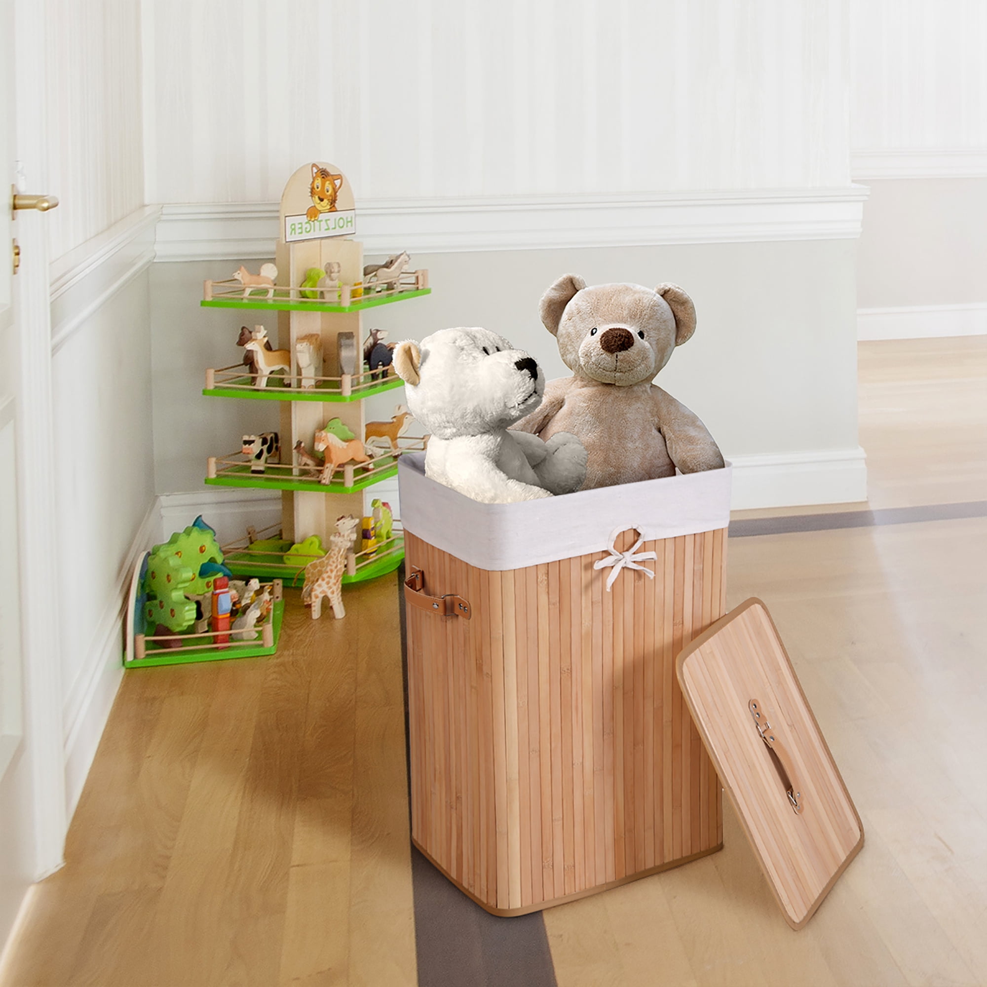 Costway Rectangle Bamboo Hamper Laundry Basket Washing Cloth Bin Bag Lid Natural