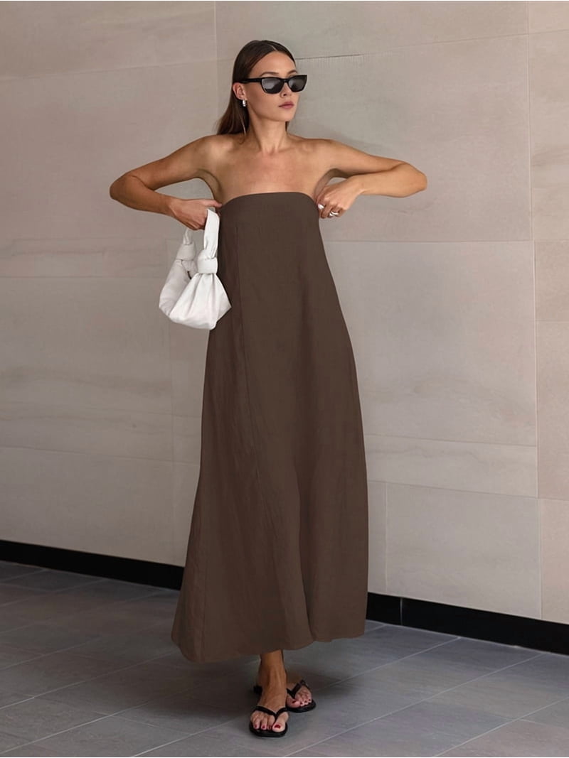 Womens linen strapless maxi summer dress backless holiday Brown / S