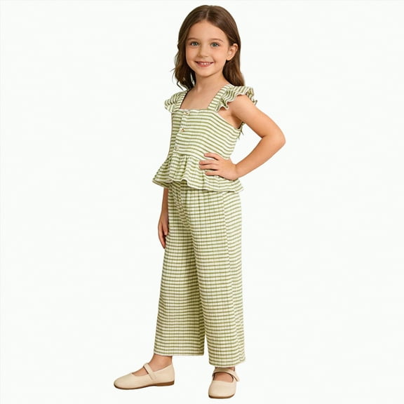 TOWED22 Baby Girl Clothes Toddler Girl Summer Outfits Sleeveless Ruffle Halter Tops Wide Leg Pants Kids Clothing Set(Green,6-7 Y)