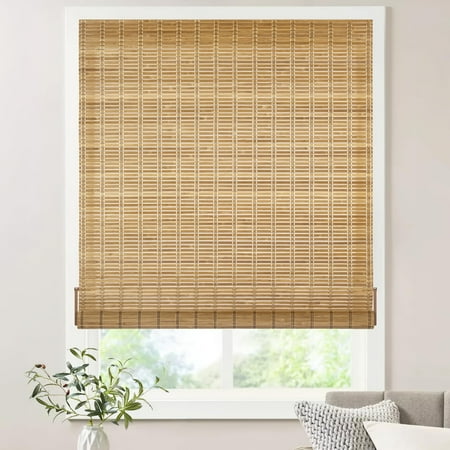 Condition photo showing New/Like New for LazBlinds No Tools No Drill Bamboo Roller Shades  Cordless Bamboo Blinds  Light Filtering Roll Up Blinds for Windows  French Door  Porch or Patio Privacy Screen  35   W x 64   H  Brown206