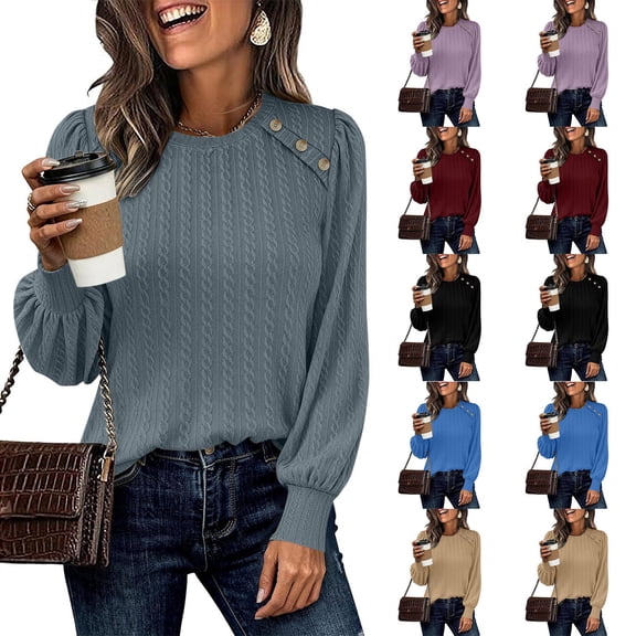 Women's Textured Knit Long Sleeve Top Shirt Blouse with Ribbed Waistband Loose Fit Casual Elegant Fall Winter Fashion | CSEONE,Wine XL