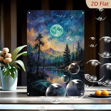 Vibrant Nocturnal Moon Landscape Art Print on Metal 8x12 Inches Serene River with Pink Mountains and Colorful Sky Dreamlike Forest Scene Wall Decor for Living Room Bedroom