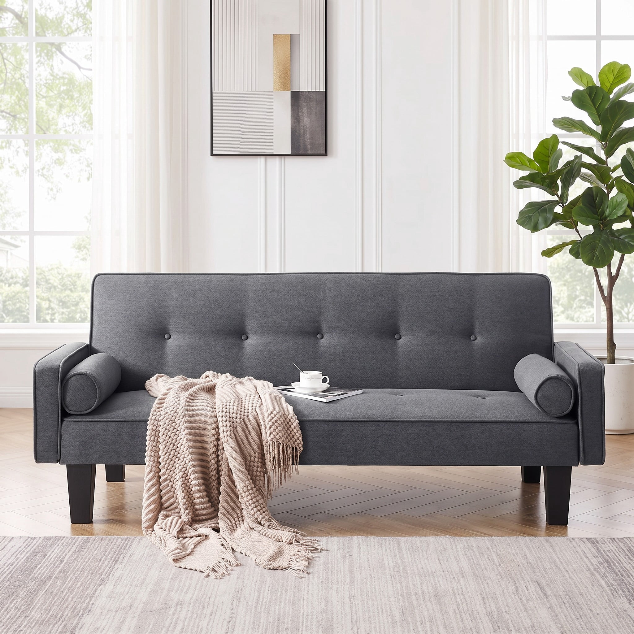 72" Futon Sofa Bed,Upholstered Folding Futon Sofa Couch,Modern Sofa Twin Size Futon Bed with Removable Armrests for Compact Living Space,Apartment,Gray