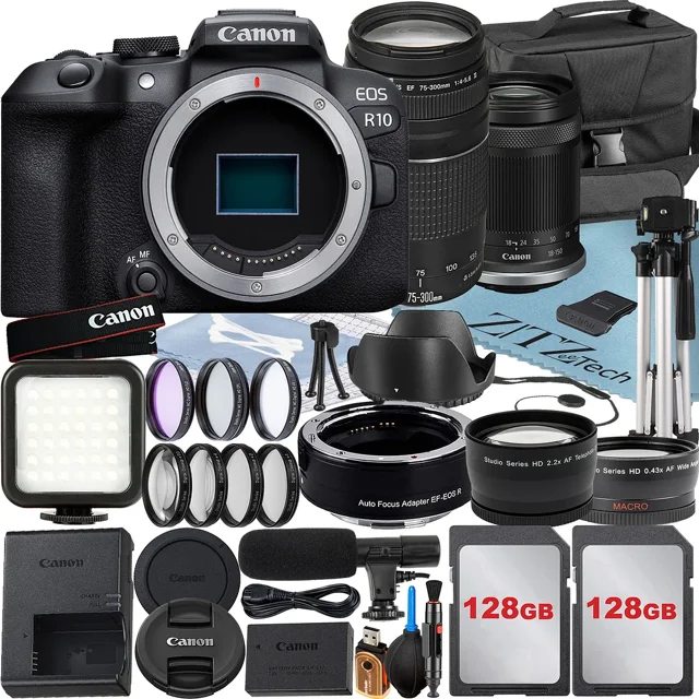 Canon EOS R10 Mirrorless Camera with RF-S 18-150mm + EF 75-300mm Lens + Mount Adapter + 2 Pack 128GB Memory Card + Case + ZeeTech Accessory