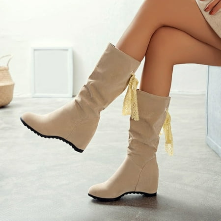 

ZMHEGW Boots For Women Ladies Solid Color Suede Lace Ribbon Inner Medium Boots Shoes