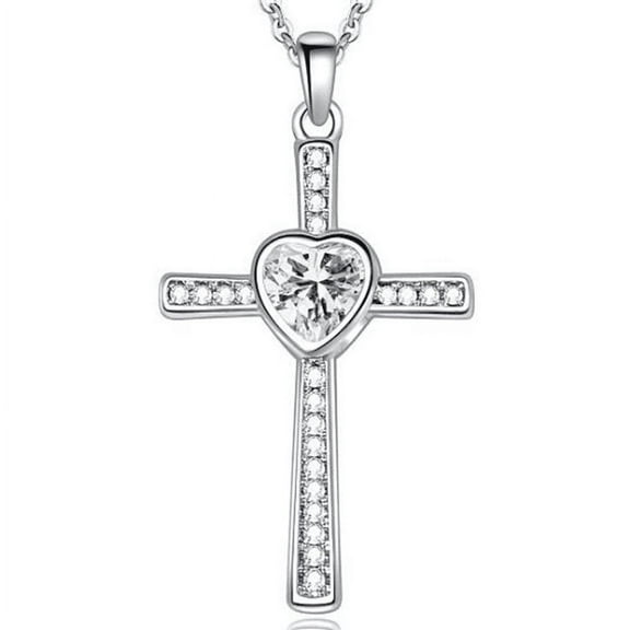 Bonjour Jewelers 18K White Gold 4Ct Love Heart & Cross Necklace For Women Plated