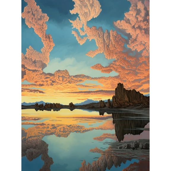Atmospheric Cloud Reflections Early Morning Dawn at Mono Lake Modern Watercolour Painting Large Wall Art Poster Print Thick Paper 18X24 Inch