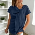 thumbnail image 2 of Summer T Shirts for Women Linen Short Sleeve V Neck Casual Blouse with Tie Bow Detail Navy XXL, 2 of 4