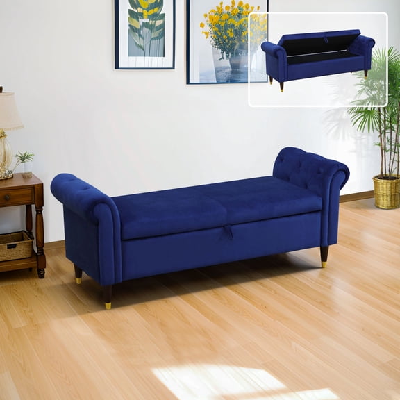 Blue Fluffy Fabric Bedroom Storage Bench