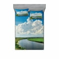 thumbnail image 2 of Ambesonne Landscape Fitted Sheet & Pillow Sham Set, Clouds River Meadows, Twin, Green Blue White, 2 of 3