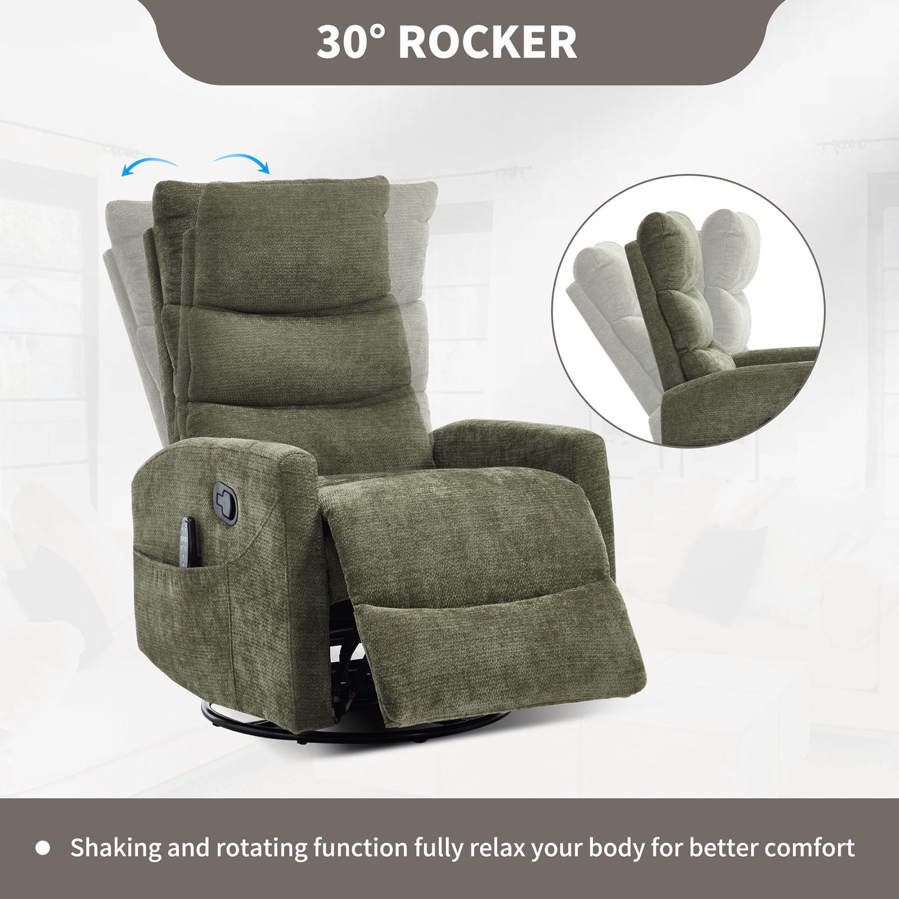S-HOME Comfortable Heat Massage Manual Recliner Chair In Durable Fabric Featuring Rocker And Swivel For Ultimate Relaxation，Green