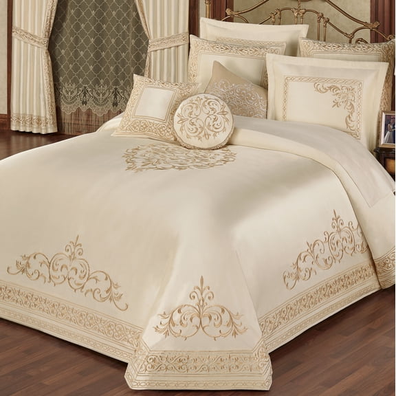 Versailles Royal Style Window Set, Embroidered Neutral Pearl, 3-pc Queen Bedspread Set