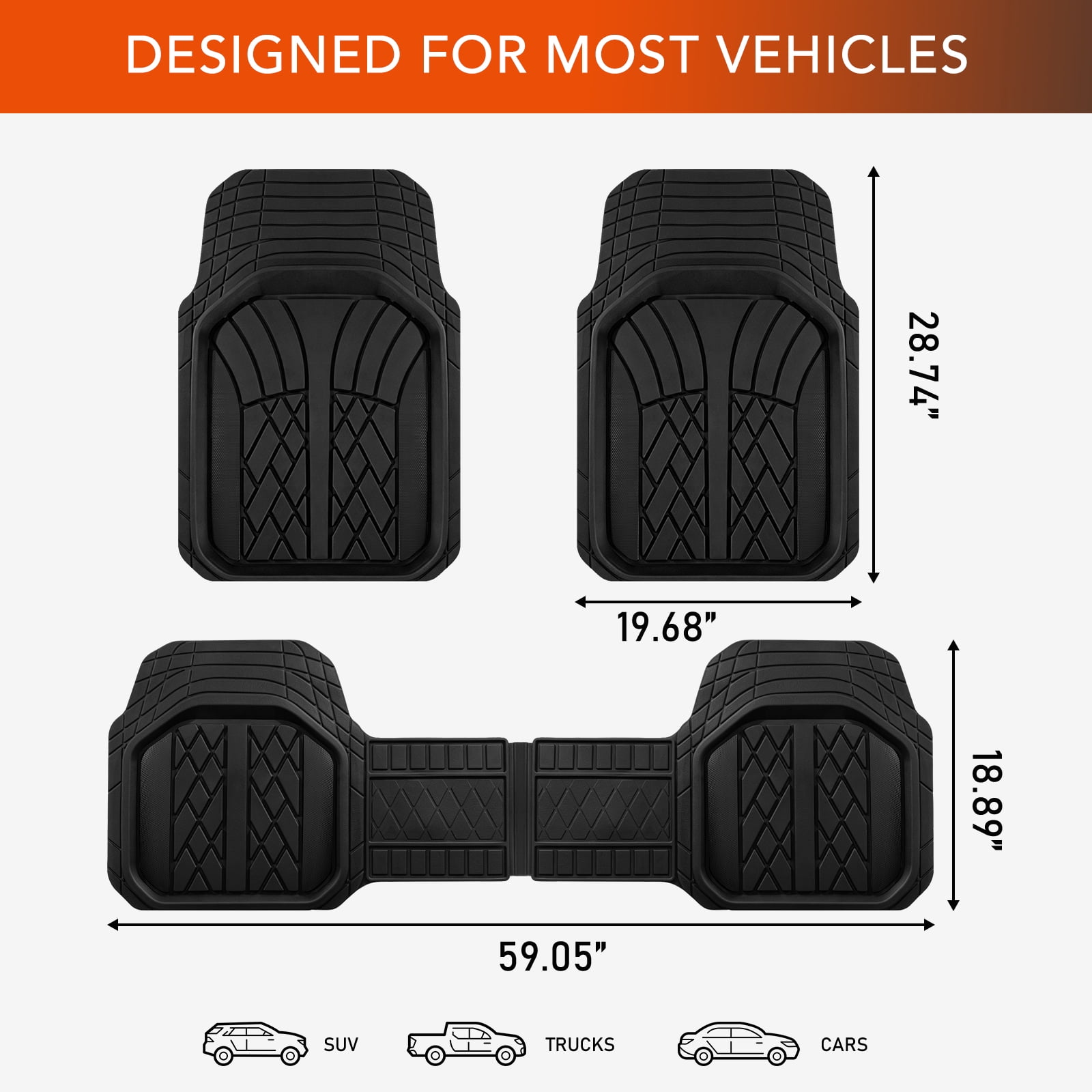 Ozark Trail Rubber Car Floor Mats, Heavy Duty Rubber Floor Mats, Injection Molded Aluminum Film, Trim-to-Fit All Weather Mats, Waterproof Easy-Clean Front and Rear Interior Protection, 3 Piece Black