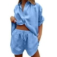 thumbnail image 1 of Conjunto de chándal de 2 piezas para mujer: blusa holgada con botones y pantalones cortos elásticos de cintura alta - Poliéster, color liso, ropa informal/de estar por casa, conjuntos de verano, 1 of 4