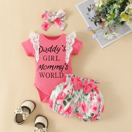 Summer Clothes Newborn Baby Girl Ruffle Ribbed Romper Bow Floral Bloomers Shorts Headband Outfit Infant Gift Set