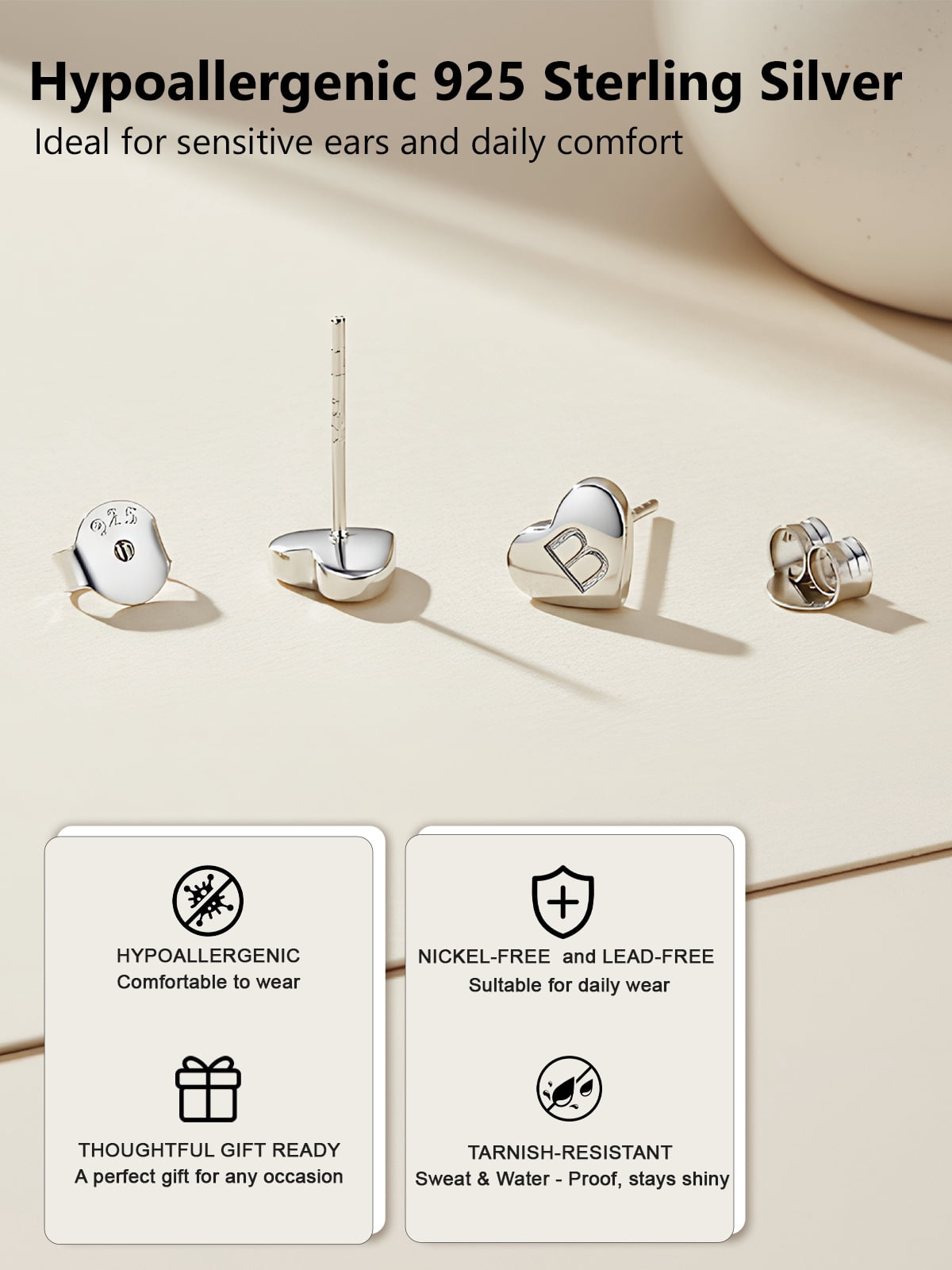 Silvora Initial Heart Stud Earrings for Women Sterling Silver Hypoallergenic Letter B Earrings Charm Mother Daughter Christmas Birthday Jewelry Gift