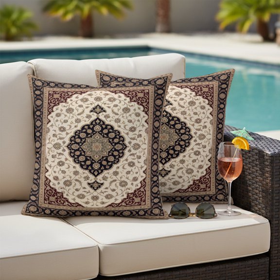 Brown Black Boho Outdoor Waterproof Throw Pillow Covers Set of 2, 20"x20", Vintage Geometric Abstract Flower Nordic Style Rustic Decorative Pillow Covers Outside Cushion Case for Patio Porch Garden