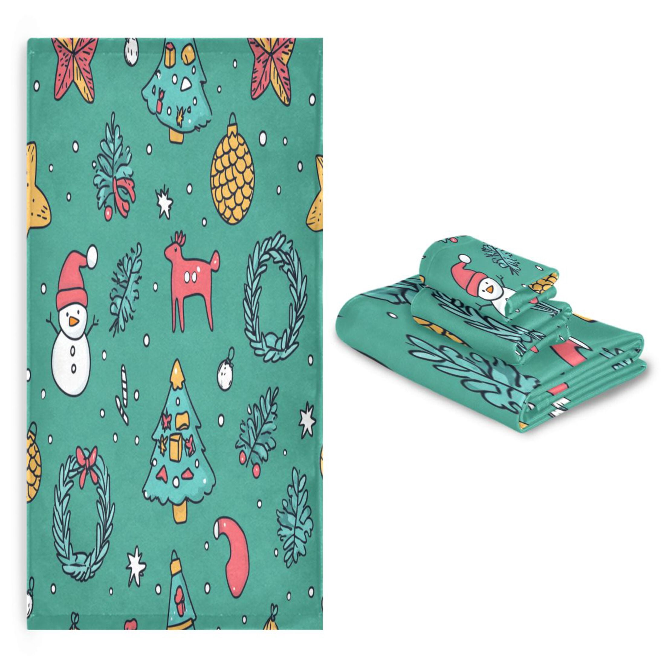 WOBOGO Cartoon Christmas Patterns with Simple Lines Ultra Soft 3 Pack Cotton Towel Set Includes 60 x 30in Bath Towel 28 x 16in Face Towel and 13 x 13in Small Square Towel for Everyday Use Lightweight