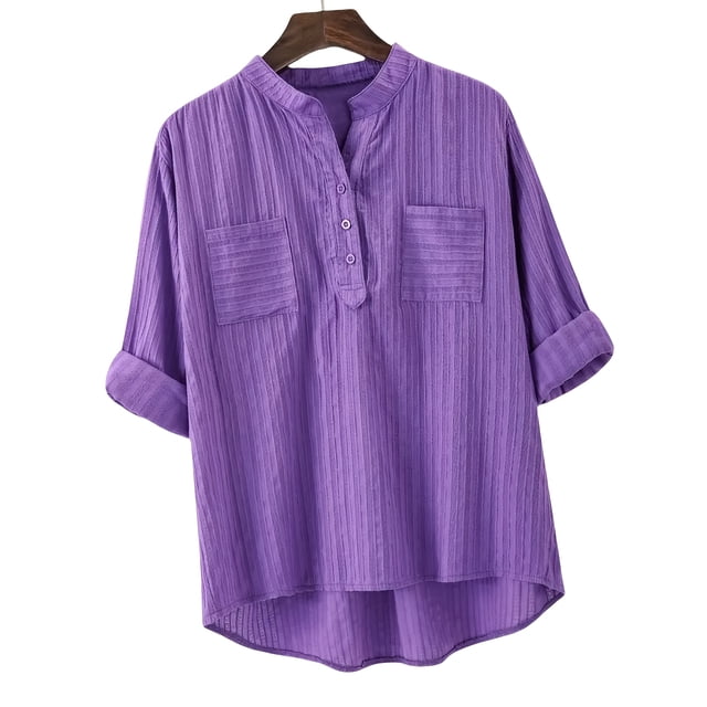 QUTETN 2024 New Plus Size Women'S Casual Loose Long Sleeve Shirt Pure Color Small V-Neck Design Blouse