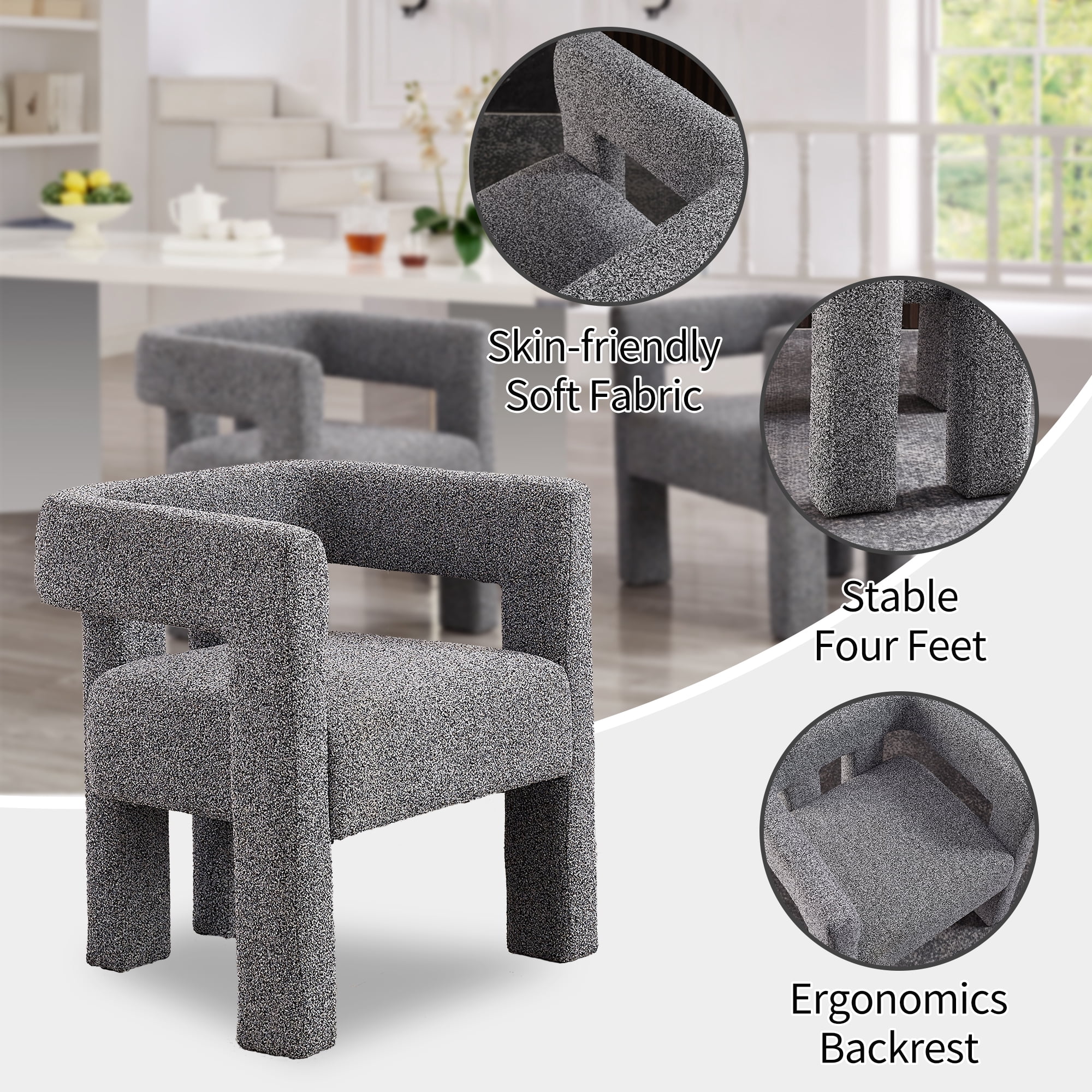 Mid Century Modern Dining Chairs with Arms, Upholstered Accent Chair for Living Room, Gray Dining Chair