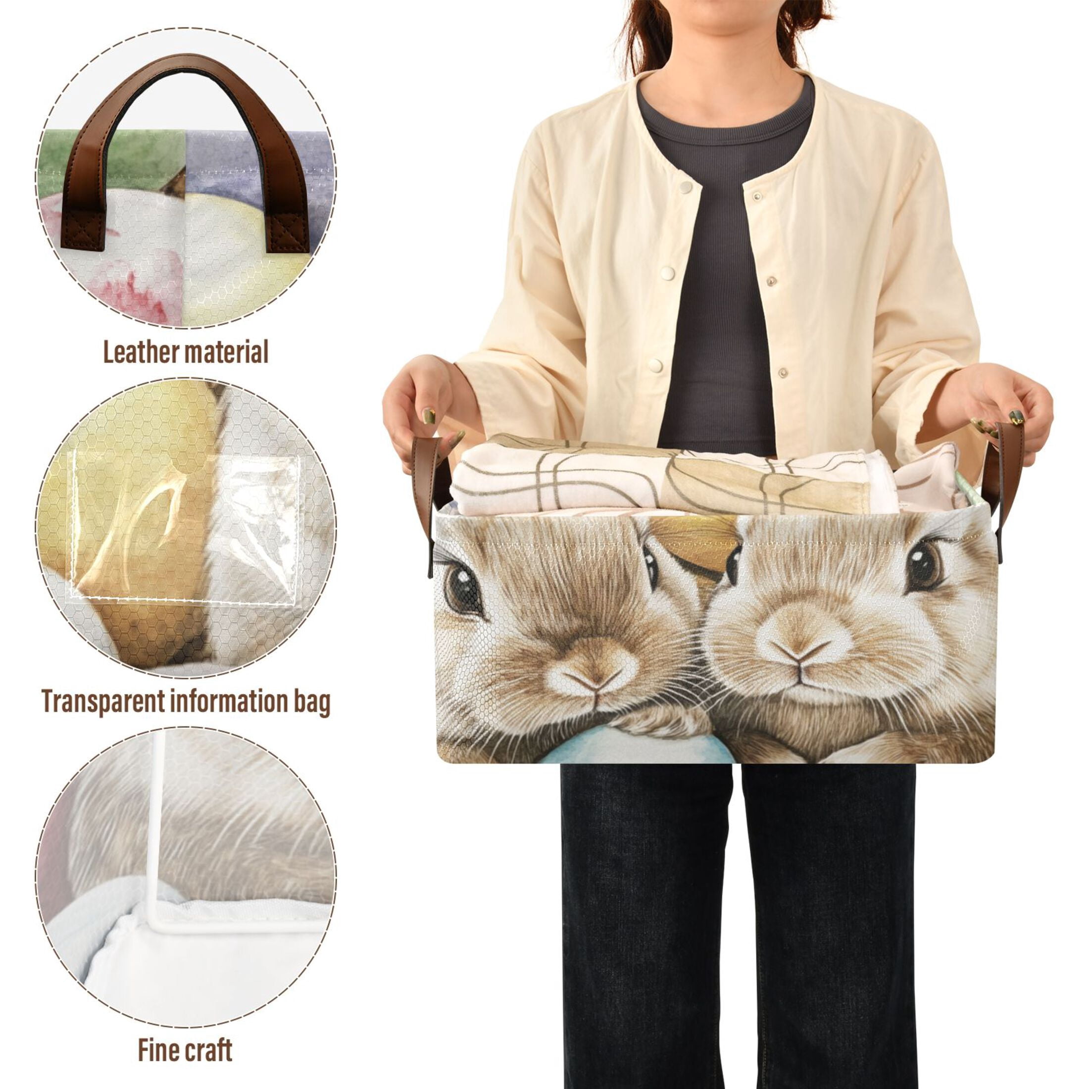 Easter Eggs Bunnies Storage Bins with Handles Foldable Storage Baskets for Shelves Organizer Cloth Baskets