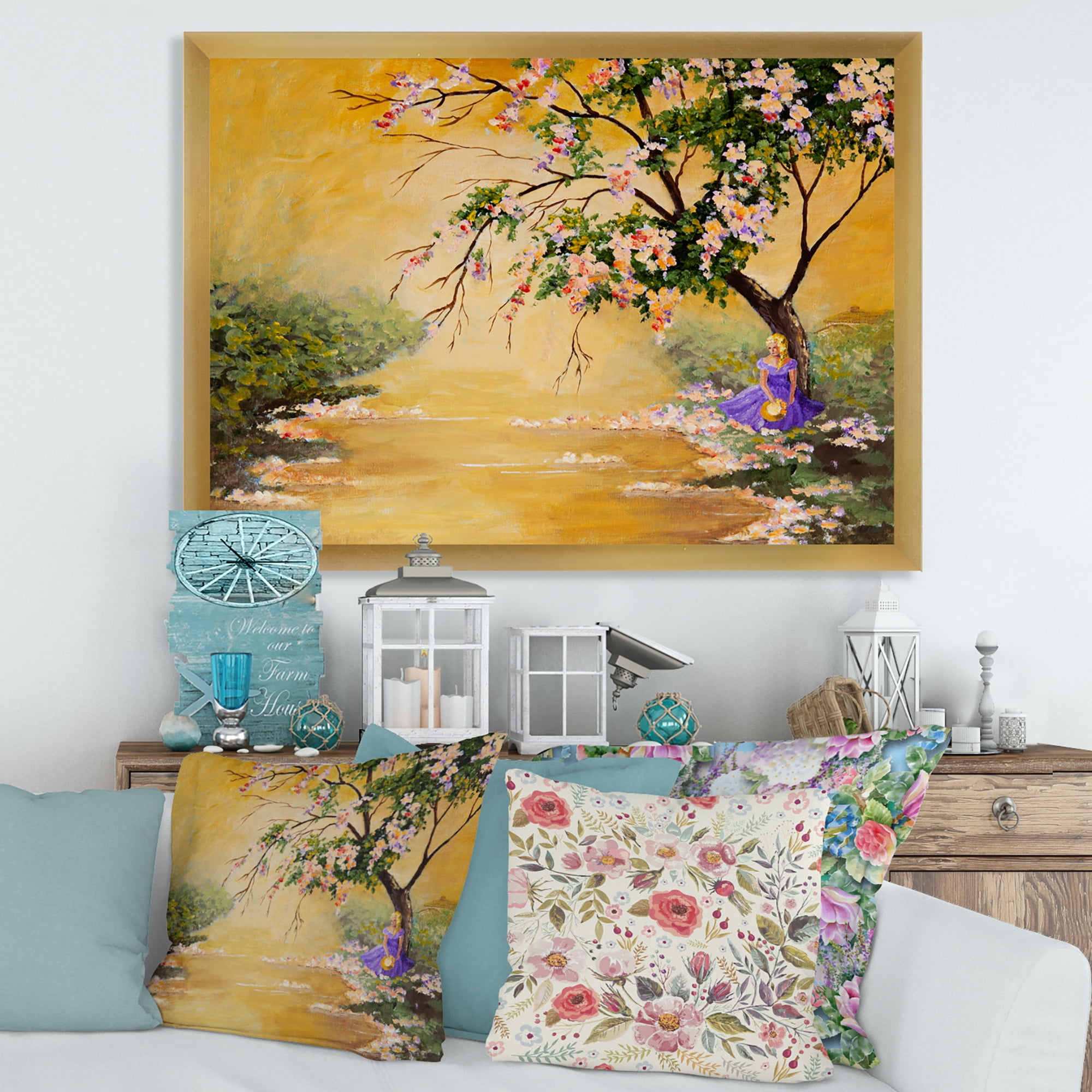 Beautiful Girl Standing By The Flowering Tree 20 in x 12 in Framed Painting Canvas Art Print, by Designart