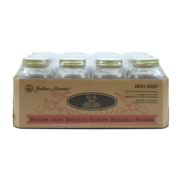 Golden Harvest à bouche régulière Bocaux en verre de 1 litre , avec couvercles et bandes, 12 unités Cas de 12