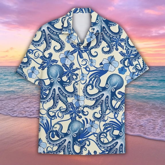 Octopus Hawaiian Shirt, Ocean Button up Gifts for Men Women, Sea Creature Shirt, Nautical Octopus Aloha Tropical Shirt