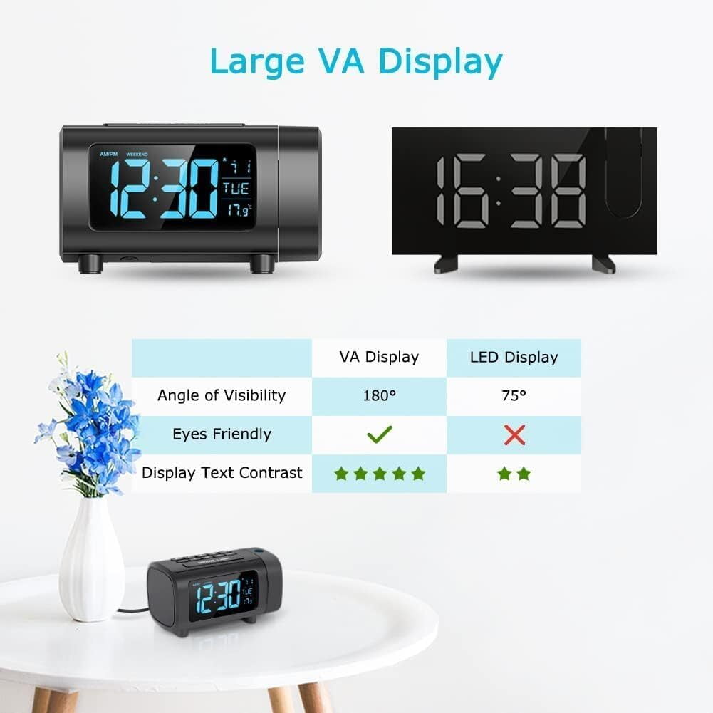 VOCOO Projection Alarm Clock, LED Display Radio Alarm Clock with USB Charger Port, 180° Projector and 4 Dimmer Settings
