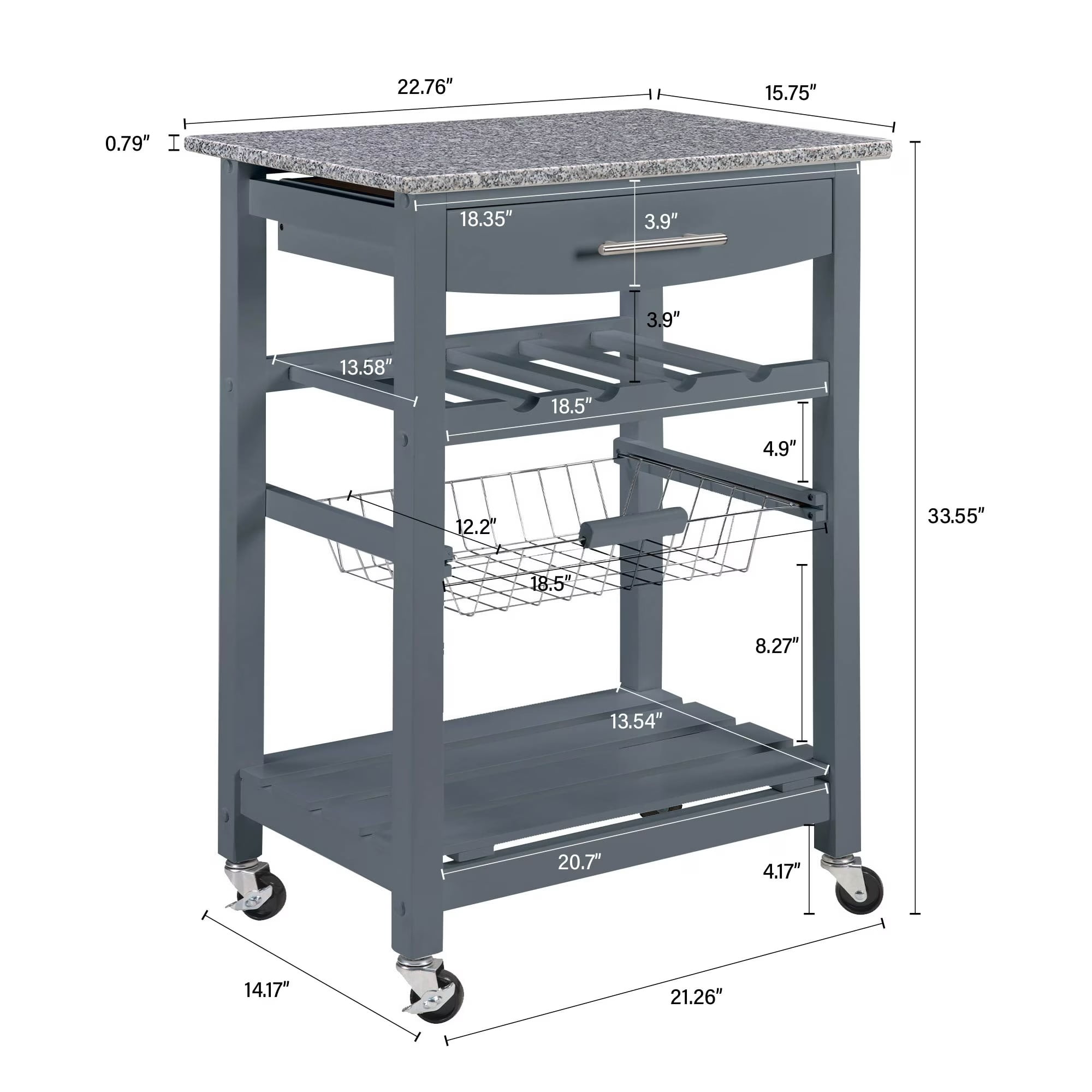 Avobird Kitchen Island Cart, Mobile Kitchen Cart with 22inch Marble Countertop/Underneath Drawer/Slide-Out Wire Storage Basket, Gray