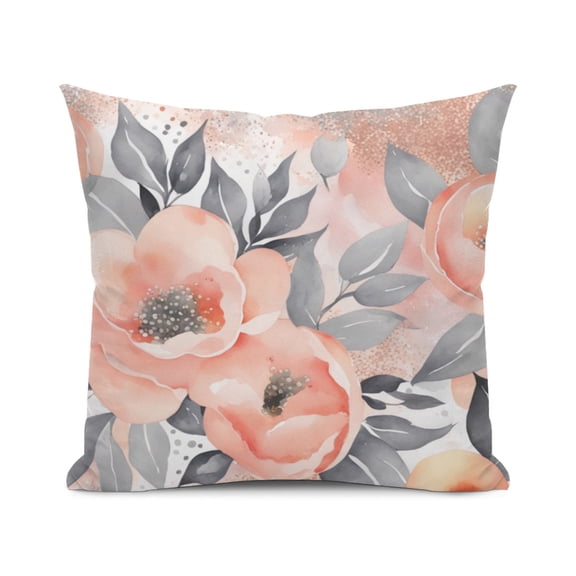 Floral Pattern Pretty Pastel Silver Grey and Peach Watercolor Flowers Design Throw Pillow Cover