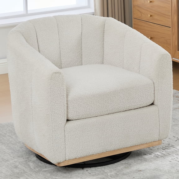 HIUU Ivory Swivel Accent Chair Wood Base, Chenille Armchair,Curved Back Swivel Chair,Modern Accent Chairs for Lliving Room