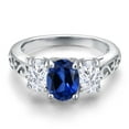 thumbnail image 3 of Gem Stone King 925 Sterling Silver Blue Created Sapphire and White Moissanite Filigree Style 3 Stone Ring for Women (2.60 Cttw, Oval 8X6MM and 6X4MM) (Size 8), 3 of 6