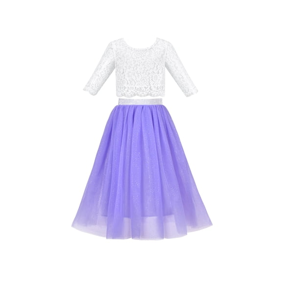 Girls Dress 2PC Set White Floral Lace Glitter Tulle Skirt 3/4 Sleeve 6 Years