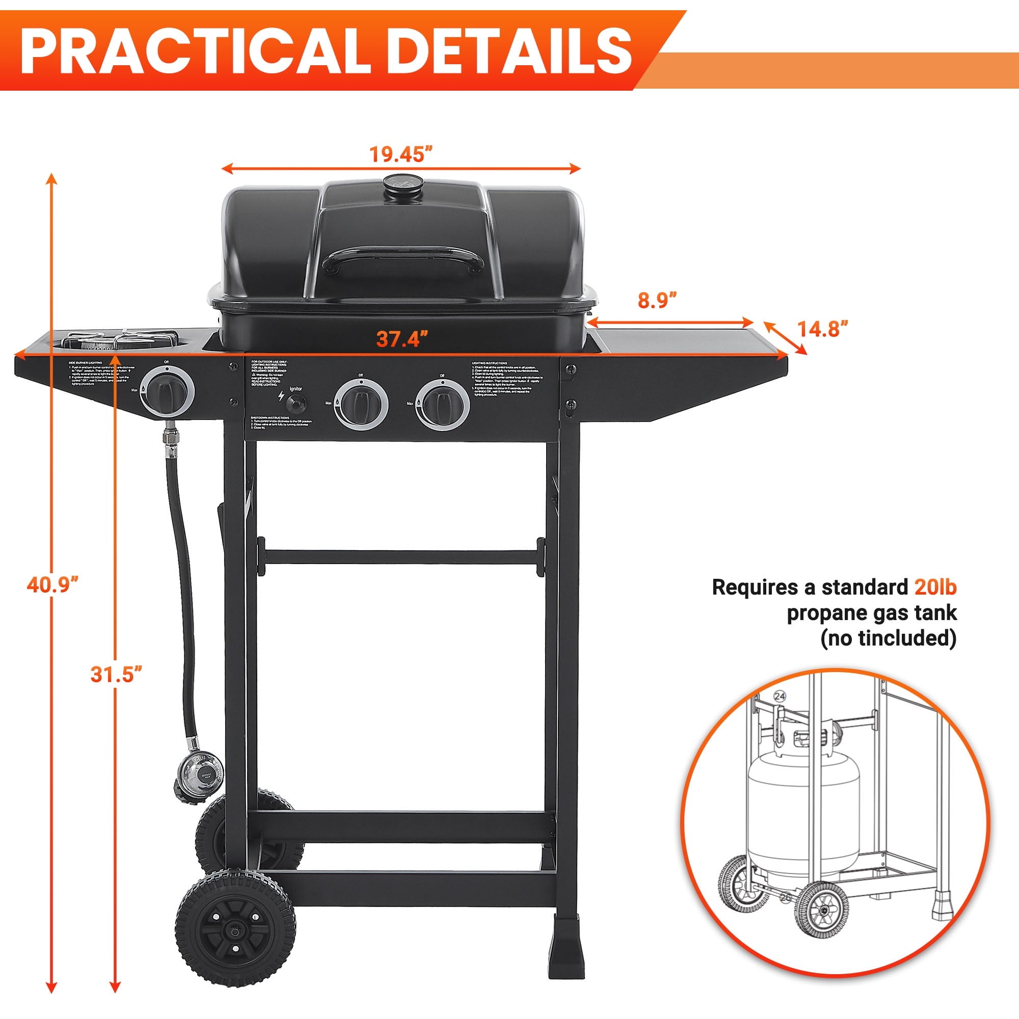 Seizeen 2-Burner Gas Grill Outdoor BBQ with Side Burner, Stainless Steel Propane Grill 24000 BTU Output, Barbecue Grill with Enameled Grate and Side Tables for Outdoor Patio Backyard Cooking