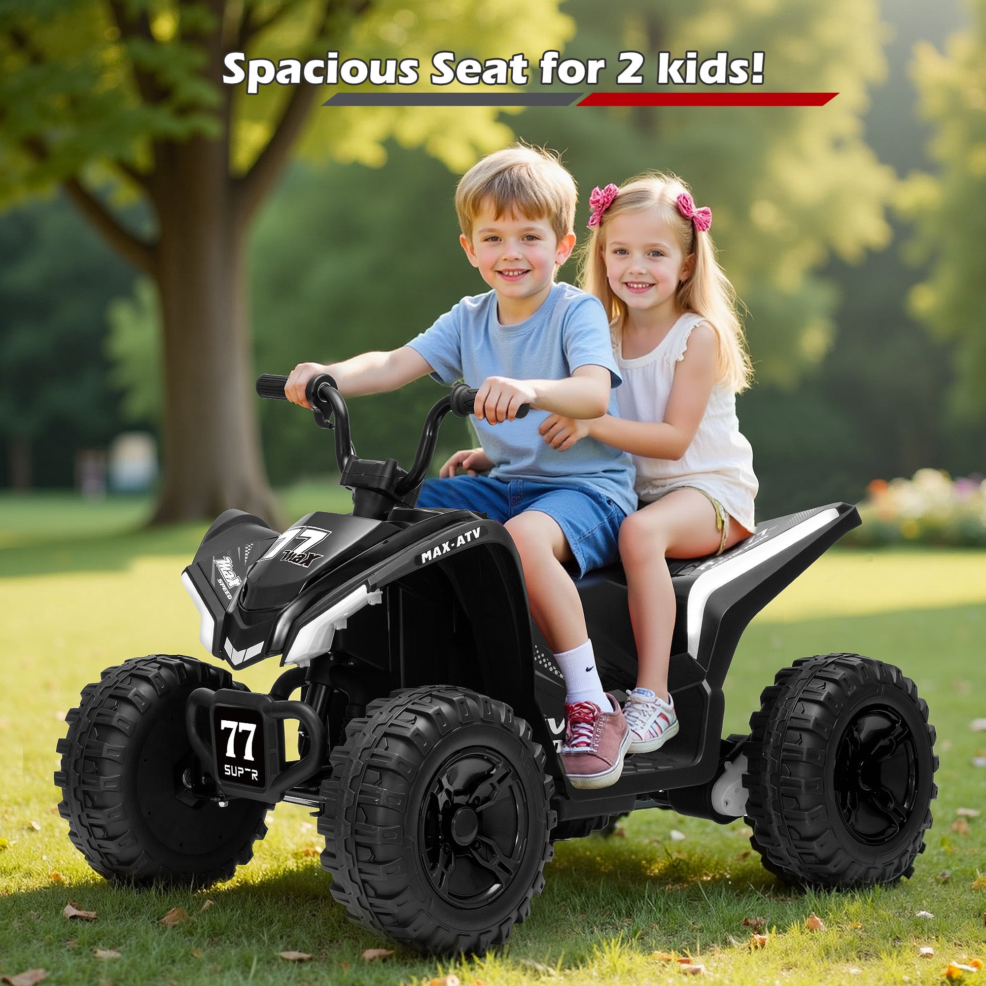 Letsgokid Kids ATV 4 Wheeler, 24V 2 Seater Electric ATV Ride On Toy for Big Kids with 110lb Weight Capacity, 200W Motor, 3.7Mph Max Speed, Spring Suspension, LED Lights, Music