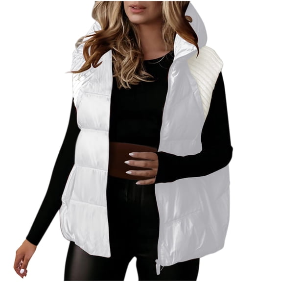 UAMVSH Cotton Vests for Women Oversized Sleeveless Puffer Jackets Warm Winter Hooded Gilet with Pockets Casual Zip up Hoodie(X-Large,White)