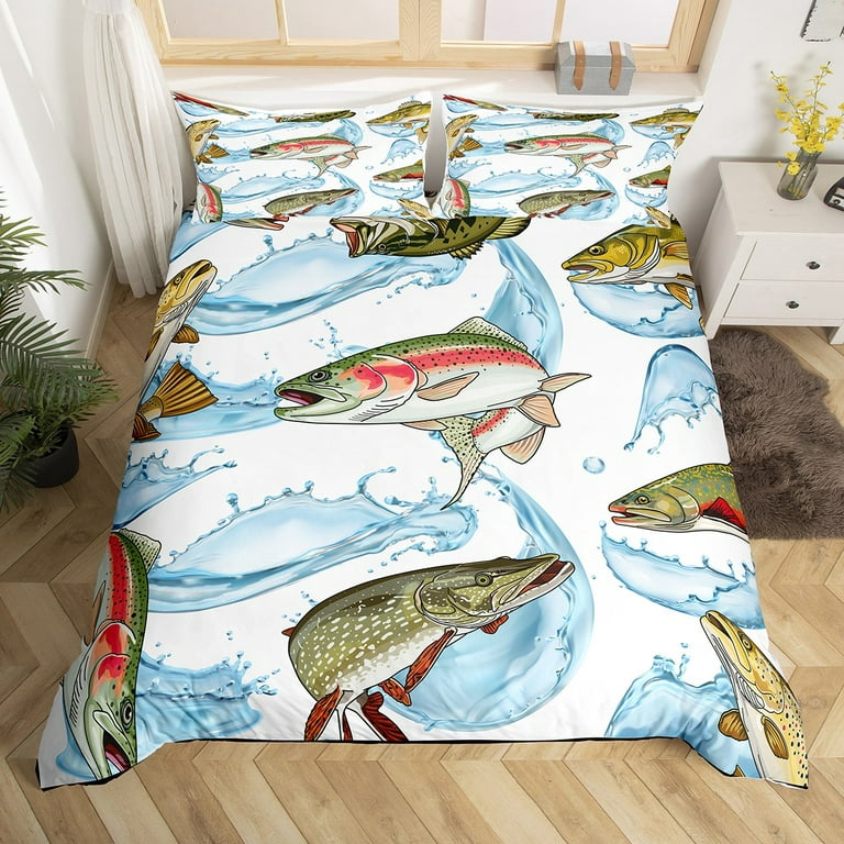Pike Fish Comforter Cover Blue Ocean Waves Bed Sets, Hunting and Fishing  Duvet Cover Full Deep Sea Marine Wildlife Bedding Set, Cartoon Watercolor  Bedspread Cover for Kids Teens Adults 