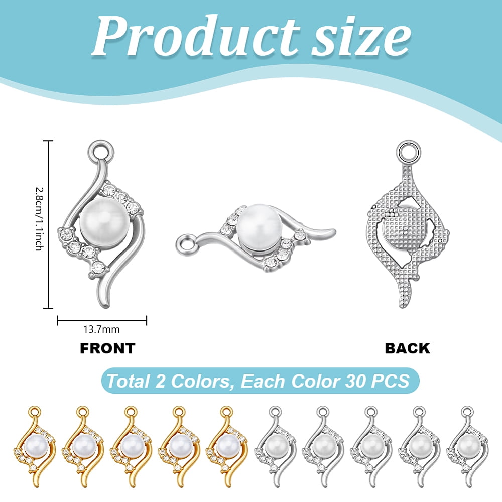 60Pcs 2 Colors Alloy Rhinestone Pendants with Imitation Pearl Beads Mixed Color 27.9x13.7mm 30pcs/color