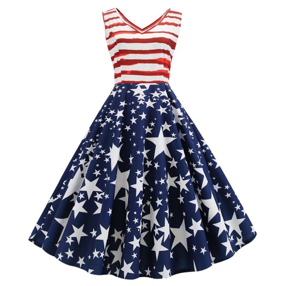 Usmixi Summer Dresses for Women 4th of July Patriotic Pleated Swing A Line Tank Formal Dresses 2023 Casual Sleeveless V-Neck Star Striped Print Midi Dress Navy xl