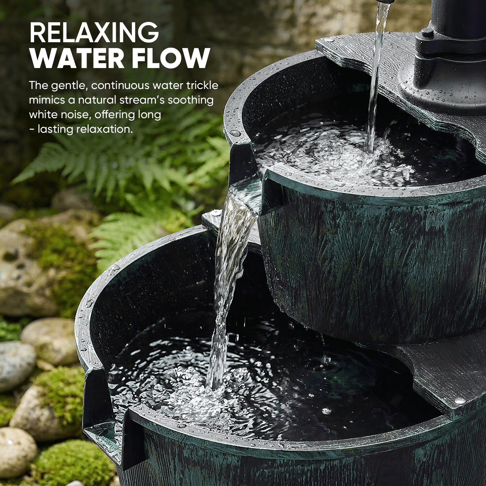 Magshion 27" 2-Tier Barrel & Pump Waterfall Fountain, Freestanding with Recirculating Pump, for Garden Patio Backyard, 11L, Green