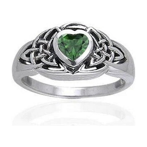Celtic Knot Heart Ring Green Glass 925 Sterling Silver Love Valentine Jewelry