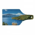 thumbnail image 1 of Pirate Ship Cutting Board, Lake Ashi Mount Hill Japan Town Hakone Travel Touristic Destination, Decorative Tempered Glass Cutting and Serving Board, Wine Bottle Shape, Green Blue Orange, by Ambesonne, 1 of 1