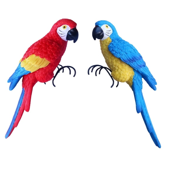 2 Pieces Parrot DecorUV-Resistant Resin Statue  Ornaments, Potted -Garden PatioYard Lawn Tiki BarDecorations Large Statues for Outside (Red,Blue)