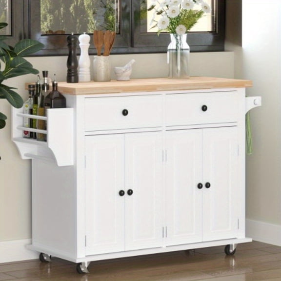 Zateety Kitchen Island on Wheels, Rolling Cart with Rubberwood Top, Spice Rack, Towel Rack and Drawers for Dining Room, White
