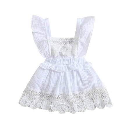 

Kid Girl Romper Dress Fly Sleeve Square Neck Ruffle Lace Summer Short Dress with Crotch Buttons