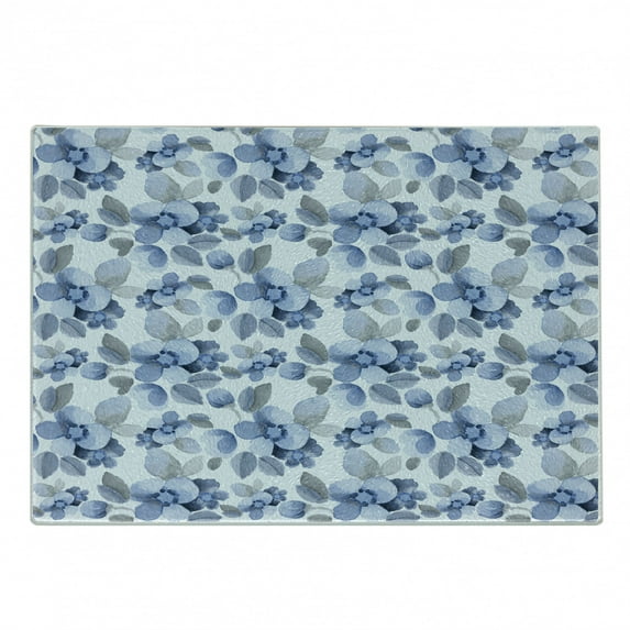 Shabby Flora Cutting Board, Watercolor Paintbrush Camellia Petals Perennial Romance Sprout Feminine Print, Decorative Tempered Glass Cutting and Serving Board, Small Size, Blue, by Ambesonne
