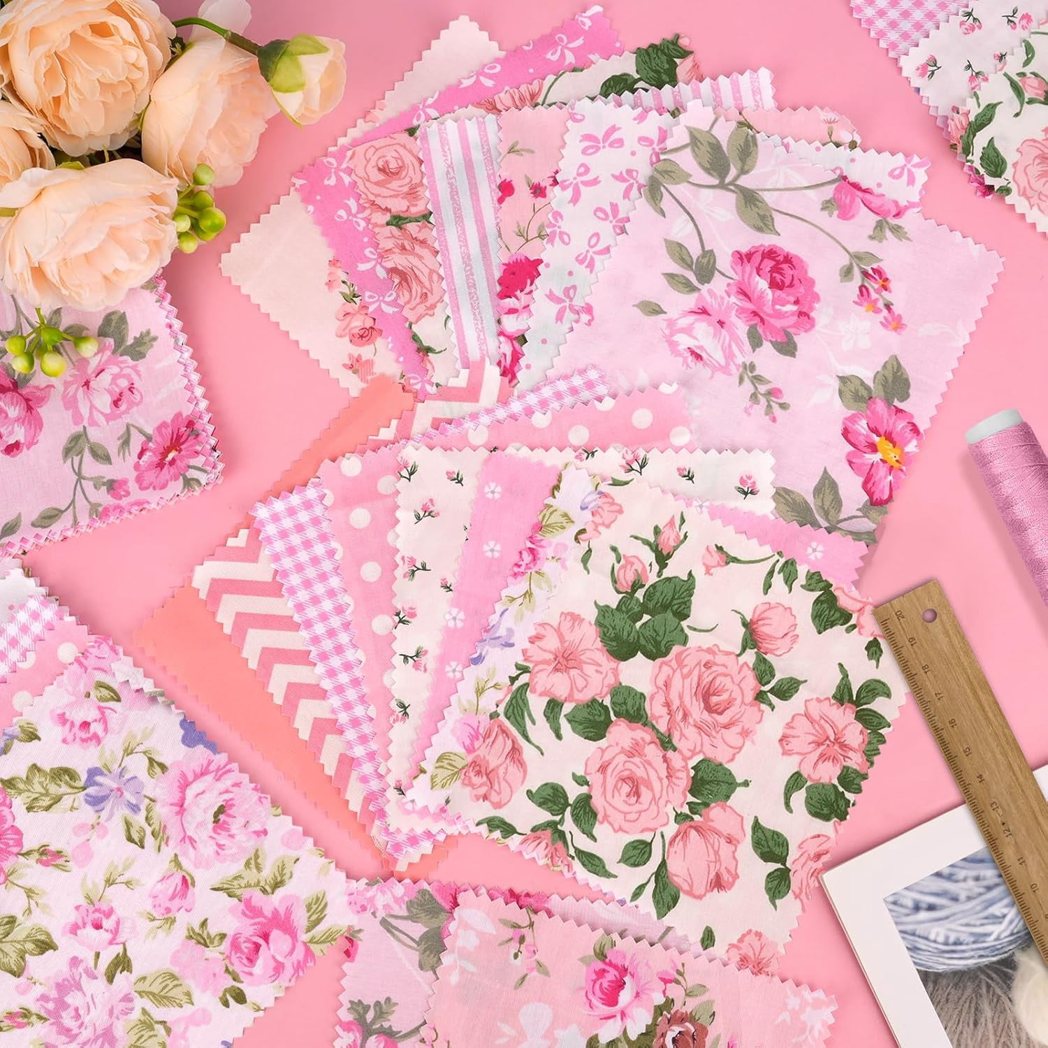 56 Pcs Pink Charm Packs for Quilting, 5 inch Squares Floral Precut Quilting Fabric, 100% Cotton Fabric Squares Quilt for Sewing Home Décor Scrapbooking Patchwork DIY Crafts – Pink