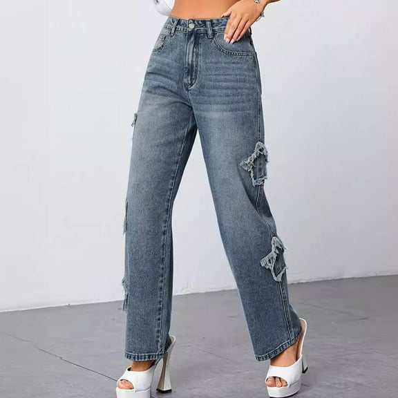 Ofreoo Women's Irregular-Star Shaped Straight-Leg High-Waisted Pocket Full Length Pants Big and Tall Slim Fit Jeans Summer Clearance