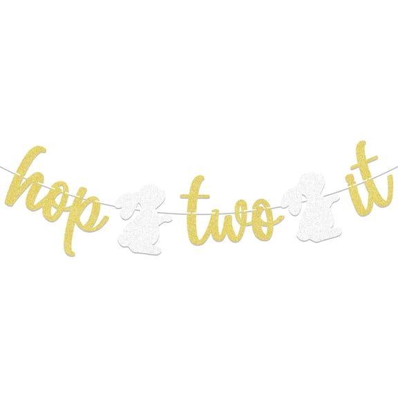 Hop Two It Banner - Spring Easter Bunny 2nd Birthday Party Decor, Bunny Rabbit Two Years Old Birthday Party Decorations Gold Gliter